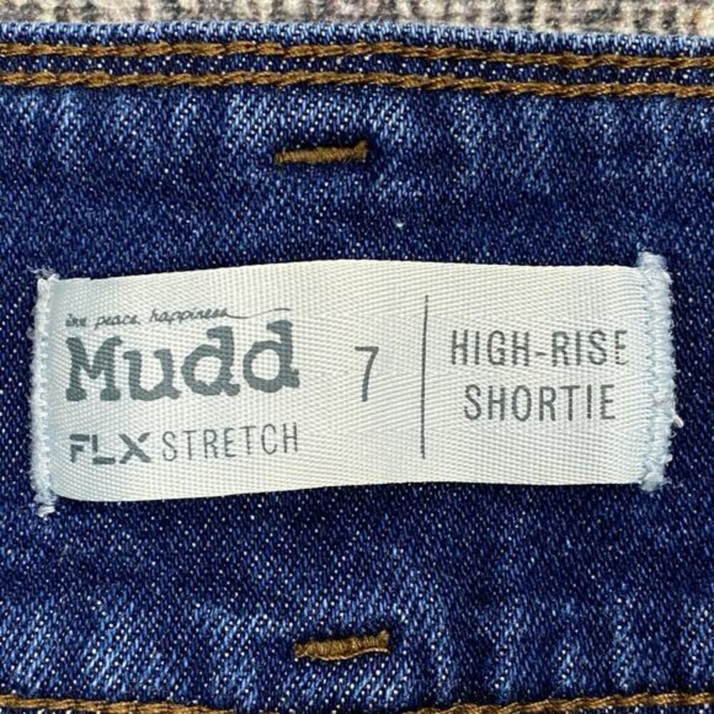 Mudd High Rise Jean Shorts Sz 7 Belted Wide Waistband Dark Wash Stretch Denim - Picture 4 of 7